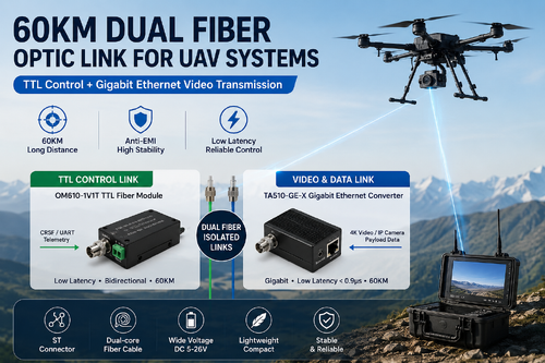 最新の会社の事例について UAV システム用の 60KM デュアル光ファイバー リンク: TTL 制御 + ギガビット イーサネット ビデオ伝送