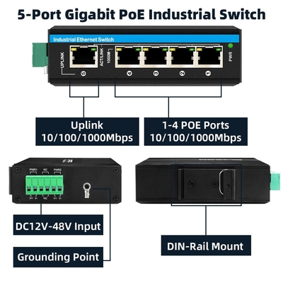 5ポート ギガビット電圧ブースター 12-48VDCインプット 産業用POEネットワークスイッチ