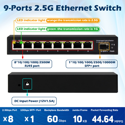 9 ポート 管理されていない 2.5G イーサネット スイッチ 10G アップリンク SFP ポート 60Gbps バックプラン 帯域幅
