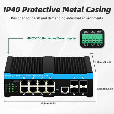12ポート 10G L2/L3 マネージド Poe+ スイッチ 4*10G Sfp ポート DC48V 双電源入力 10g Poe スイッチ