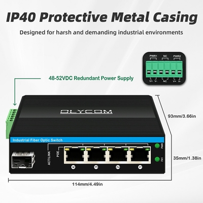 5ポート産業用ポーネットワークスイッチ DC12/24/48V入力 1SFP+4RJ45 ギガビットイーサネットスイッチ