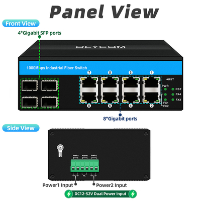 12ポート産業イーサネットスイッチ Dinネットワークスイッチ 4SFP+8RJ45 DC12-52V 双電源